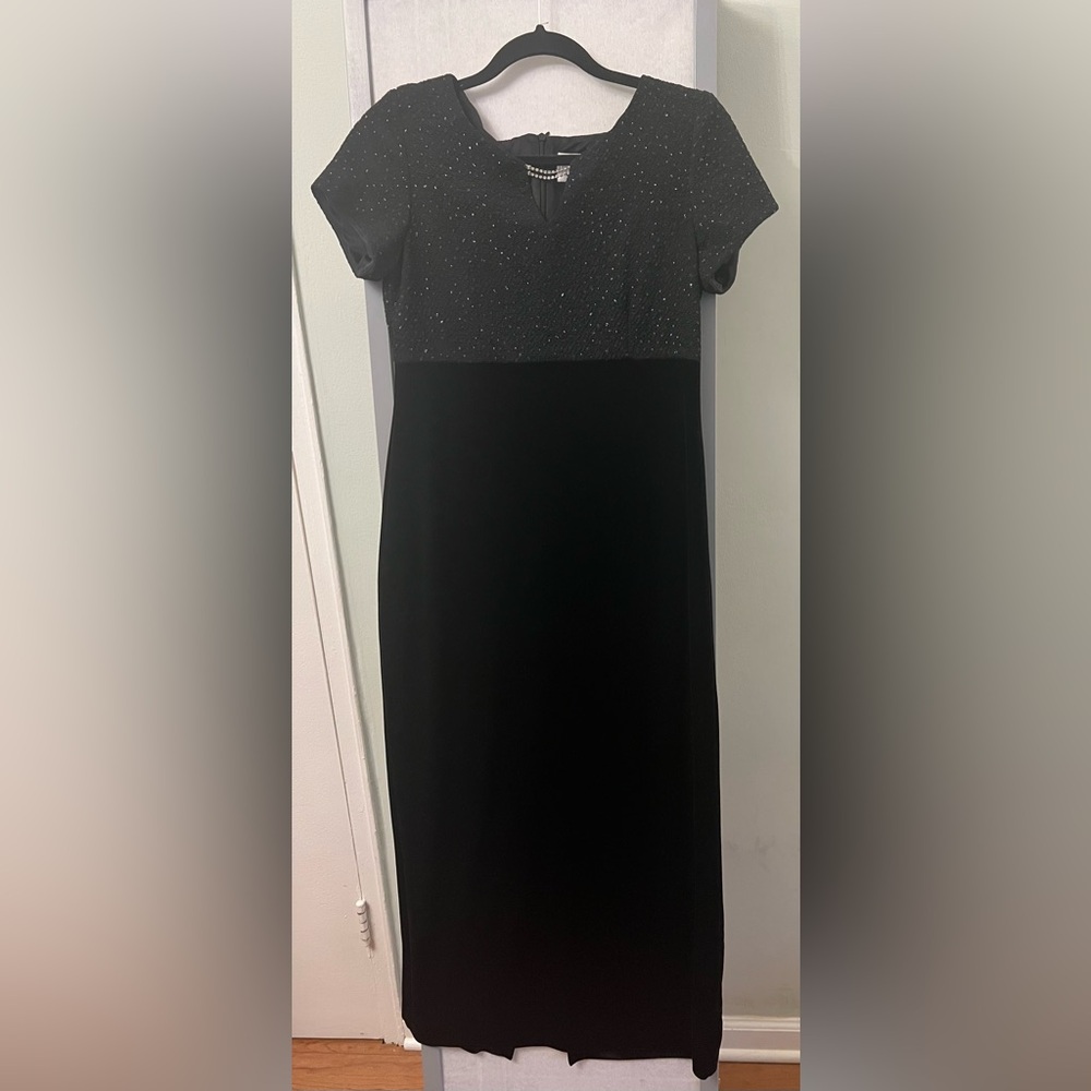 Vtg Jessica Howard 8 Petite Black Velour Maxi Long Gown Shift Dress Short Sleeve